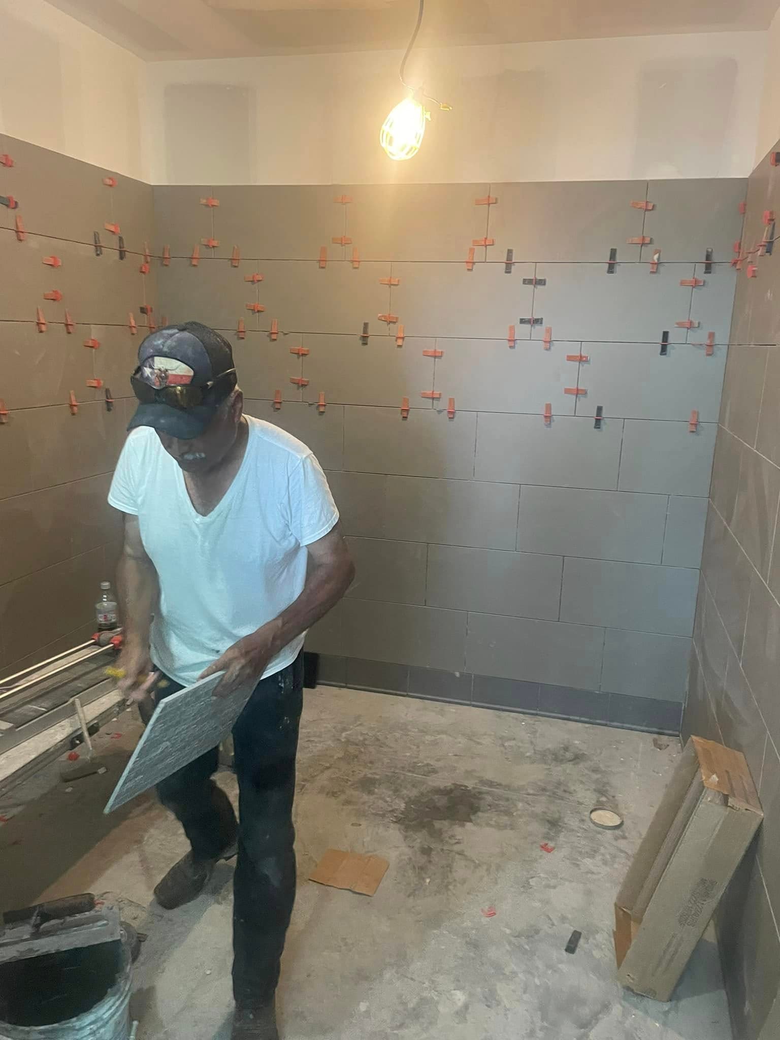 Tile prep and layout on commercial job site by Sisson Tile crew by Sisson Tile